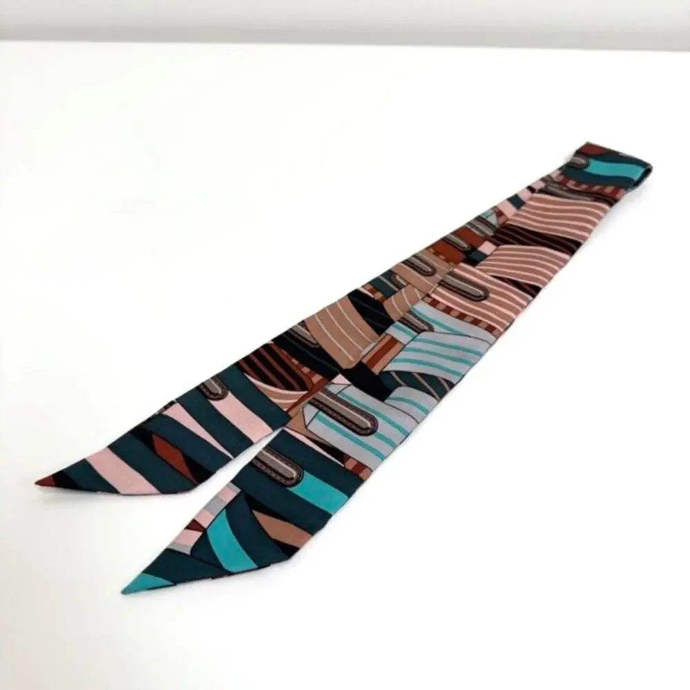 HERMES Paris Echarpe Belt Motif Silk Twilly Blue Brown Orange Satin Neck Scarf